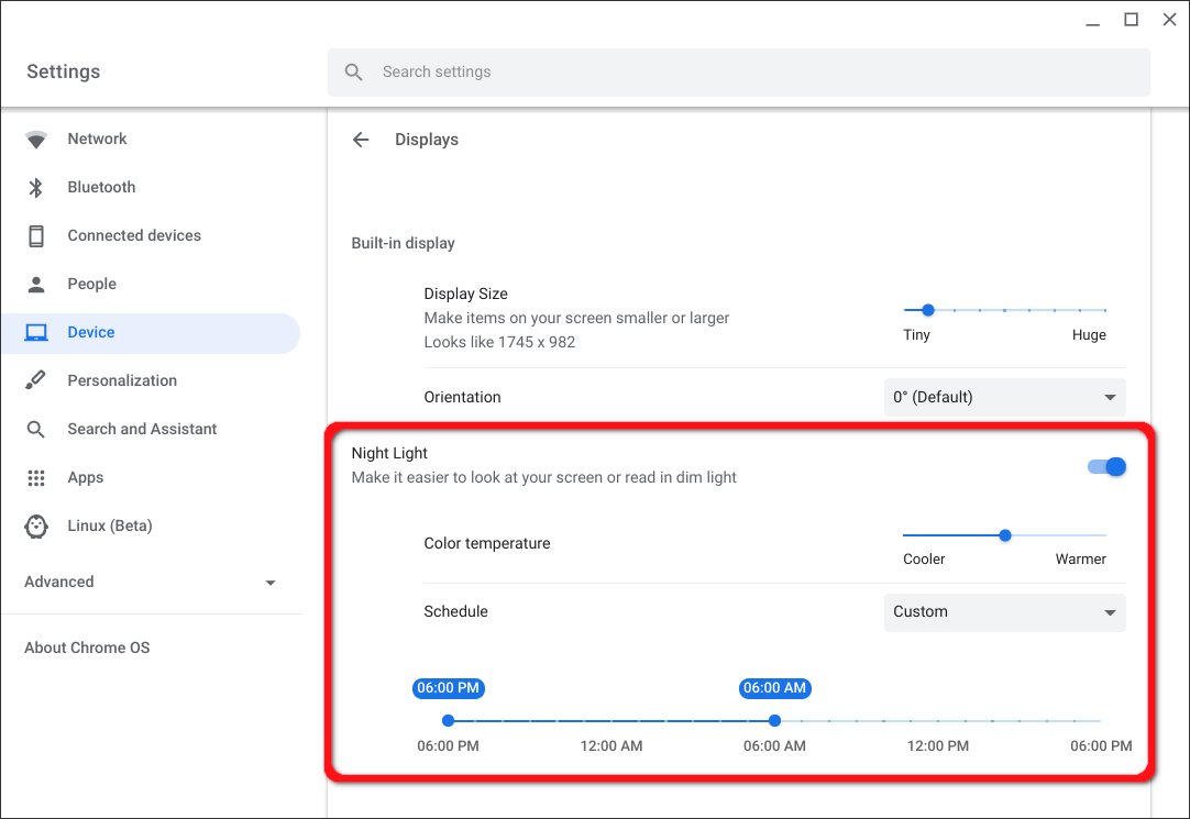 Ảnh hưởng của ánh sáng xanh màn hình đến màu môi sau phun 4 chromebook adjust night light